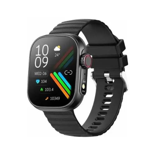 Black smartwatch with square touchscreen displaying time, date, weather, and activity metrics.